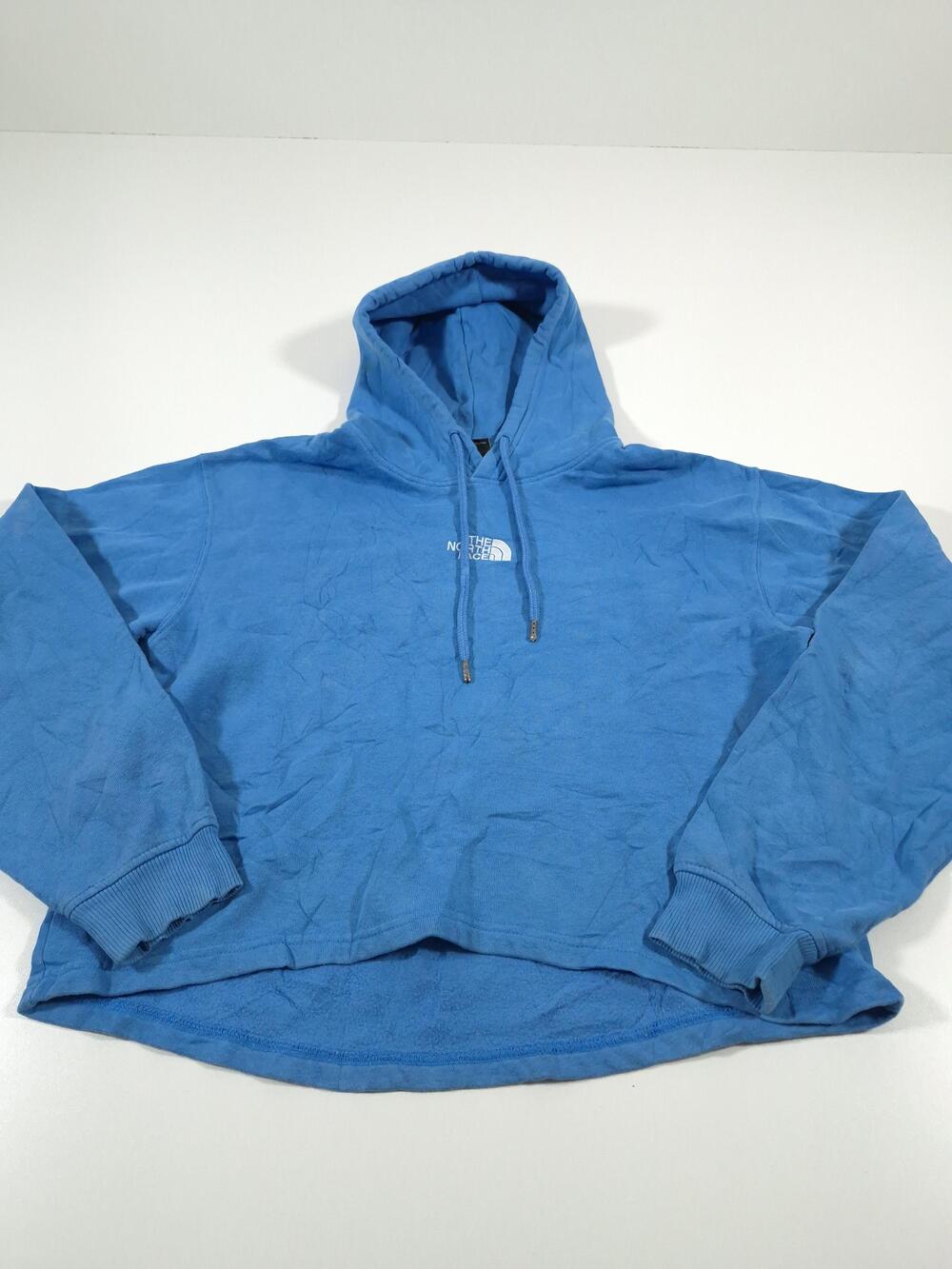 The North Face Hoodie Womens M Blue Fleece Pullover Logo Sweatshirt Hi Low Hem